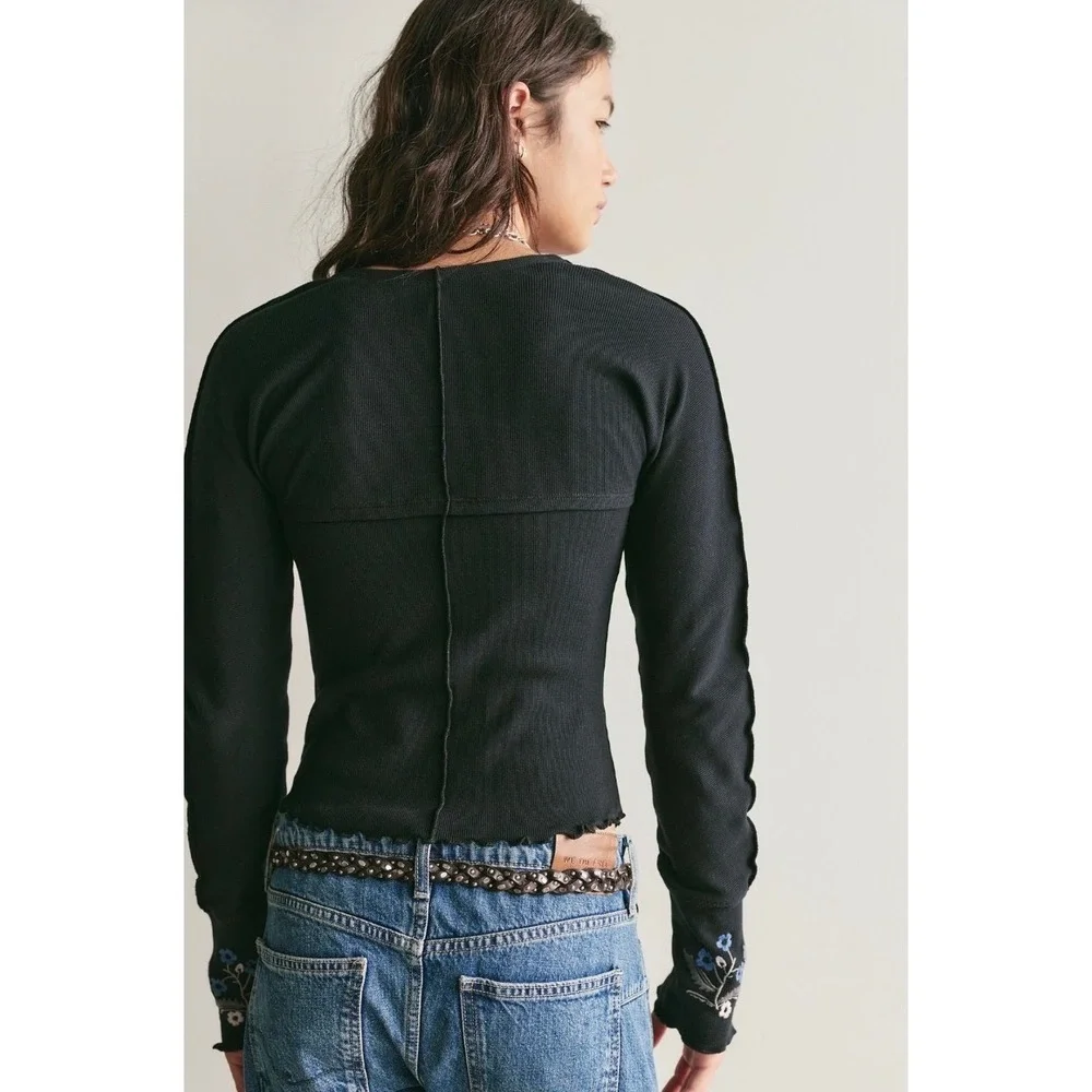 Olivia embroidered square neckline cotton folk top NWOT black combo - Picture 2 of 3